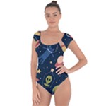 Seamless-pattern-with-funny-aliens-cat-galaxy Short Sleeve Leotard 