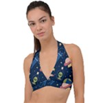 Seamless-pattern-with-funny-aliens-cat-galaxy Halter Plunge Bikini Top