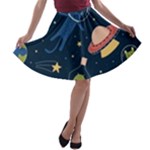 Seamless-pattern-with-funny-aliens-cat-galaxy A-line Skater Skirt