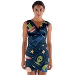 Seamless-pattern-with-funny-aliens-cat-galaxy Wrap Front Bodycon Dress