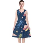Seamless-pattern-with-funny-aliens-cat-galaxy V-Neck Midi Sleeveless Dress 