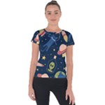 Seamless-pattern-with-funny-aliens-cat-galaxy Short Sleeve Sports Top 