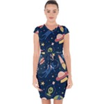 Seamless-pattern-with-funny-aliens-cat-galaxy Capsleeve Drawstring Dress 