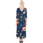 Seamless-pattern-with-funny-aliens-cat-galaxy Quarter Sleeve Wrap Maxi Dress