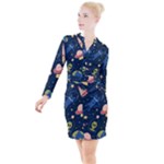 Seamless-pattern-with-funny-aliens-cat-galaxy Button Long Sleeve Dress