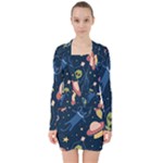 Seamless-pattern-with-funny-aliens-cat-galaxy V-neck Bodycon Long Sleeve Dress