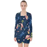 Seamless-pattern-with-funny-aliens-cat-galaxy V-neck Bodycon Long Sleeve Dress