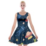 Seamless-pattern-with-funny-aliens-cat-galaxy Velvet Skater Dress