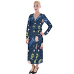 Seamless-pattern-with-funny-aliens-cat-galaxy Velvet Maxi Wrap Dress