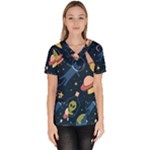 Seamless-pattern-with-funny-aliens-cat-galaxy Women s V-Neck Scrub Top