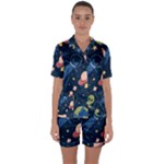 Seamless-pattern-with-funny-aliens-cat-galaxy Satin Short Sleeve Pajamas Set