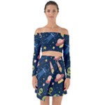 Seamless-pattern-with-funny-aliens-cat-galaxy Off Shoulder Top with Skirt Set