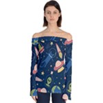 Seamless-pattern-with-funny-aliens-cat-galaxy Off Shoulder Long Sleeve Top