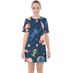 Seamless-pattern-with-funny-aliens-cat-galaxy Sixties Short Sleeve Mini Dress