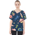 Seamless-pattern-with-funny-aliens-cat-galaxy V-Neck Dolman Drape Top