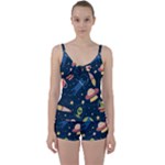 Seamless-pattern-with-funny-aliens-cat-galaxy Tie Front Two Piece Tankini