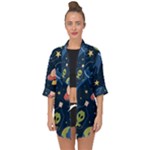 Seamless-pattern-with-funny-aliens-cat-galaxy Open Front Chiffon Kimono