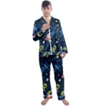 Seamless-pattern-with-funny-aliens-cat-galaxy Men s Long Sleeve Satin Pajamas Set