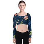 Seamless-pattern-with-funny-aliens-cat-galaxy Velvet Long Sleeve Crop Top