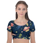 Seamless-pattern-with-funny-aliens-cat-galaxy Velvet Short Sleeve Crop Top 