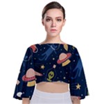 Seamless-pattern-with-funny-aliens-cat-galaxy Tie Back Butterfly Sleeve Chiffon Top