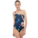 Seamless-pattern-with-funny-aliens-cat-galaxy Classic One Shoulder Swimsuit