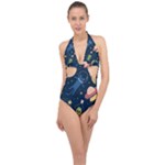 Seamless-pattern-with-funny-aliens-cat-galaxy Halter Front Plunge Swimsuit