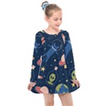 Seamless-pattern-with-funny-aliens-cat-galaxy Kids  Long Sleeve Dress