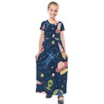 Seamless-pattern-with-funny-aliens-cat-galaxy Kids  Short Sleeve Maxi Dress