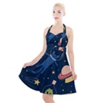 Seamless-pattern-with-funny-aliens-cat-galaxy Halter Party Swing Dress 