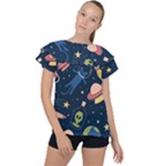 Seamless-pattern-with-funny-aliens-cat-galaxy Ruffle Collar Chiffon Blouse