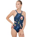 Seamless-pattern-with-funny-aliens-cat-galaxy High Neck One Piece Swimsuit