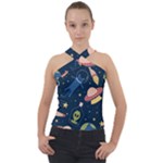 Seamless-pattern-with-funny-aliens-cat-galaxy Cross Neck Velour Top