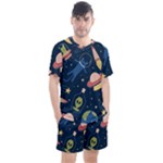 Seamless-pattern-with-funny-aliens-cat-galaxy Men s Mesh Tee and Shorts Set