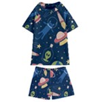 Seamless-pattern-with-funny-aliens-cat-galaxy Kids  Swim Tee and Shorts Set