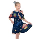 Seamless-pattern-with-funny-aliens-cat-galaxy Kids  Shoulder Cutout Chiffon Dress