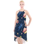 Seamless-pattern-with-funny-aliens-cat-galaxy High-Low Halter Chiffon Dress 