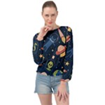 Seamless-pattern-with-funny-aliens-cat-galaxy Banded Bottom Chiffon Top