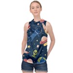 Seamless-pattern-with-funny-aliens-cat-galaxy High Neck Satin Top