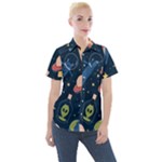 Seamless-pattern-with-funny-aliens-cat-galaxy Women s Short Sleeve Pocket Shirt