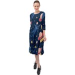 Seamless-pattern-with-funny-aliens-cat-galaxy Ruffle End Midi Chiffon Dress