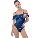 Seamless-pattern-with-funny-aliens-cat-galaxy Frill Detail One Piece Swimsuit