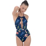 Seamless-pattern-with-funny-aliens-cat-galaxy Plunge Cut Halter Swimsuit