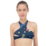 Seamless-pattern-with-funny-aliens-cat-galaxy High Neck Bikini Top