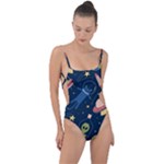 Seamless-pattern-with-funny-aliens-cat-galaxy Tie Strap One Piece Swimsuit