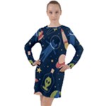 Seamless-pattern-with-funny-aliens-cat-galaxy Long Sleeve Hoodie Dress