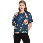 Seamless-pattern-with-funny-aliens-cat-galaxy One Shoulder Cut Out Tee