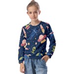 Seamless-pattern-with-funny-aliens-cat-galaxy Kids  Long Sleeve Tee with Frill 