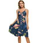 Seamless-pattern-with-funny-aliens-cat-galaxy Sleeveless Tie Front Chiffon Dress