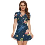 Seamless-pattern-with-funny-aliens-cat-galaxy V-Neck High Waist Chiffon Mini Dress